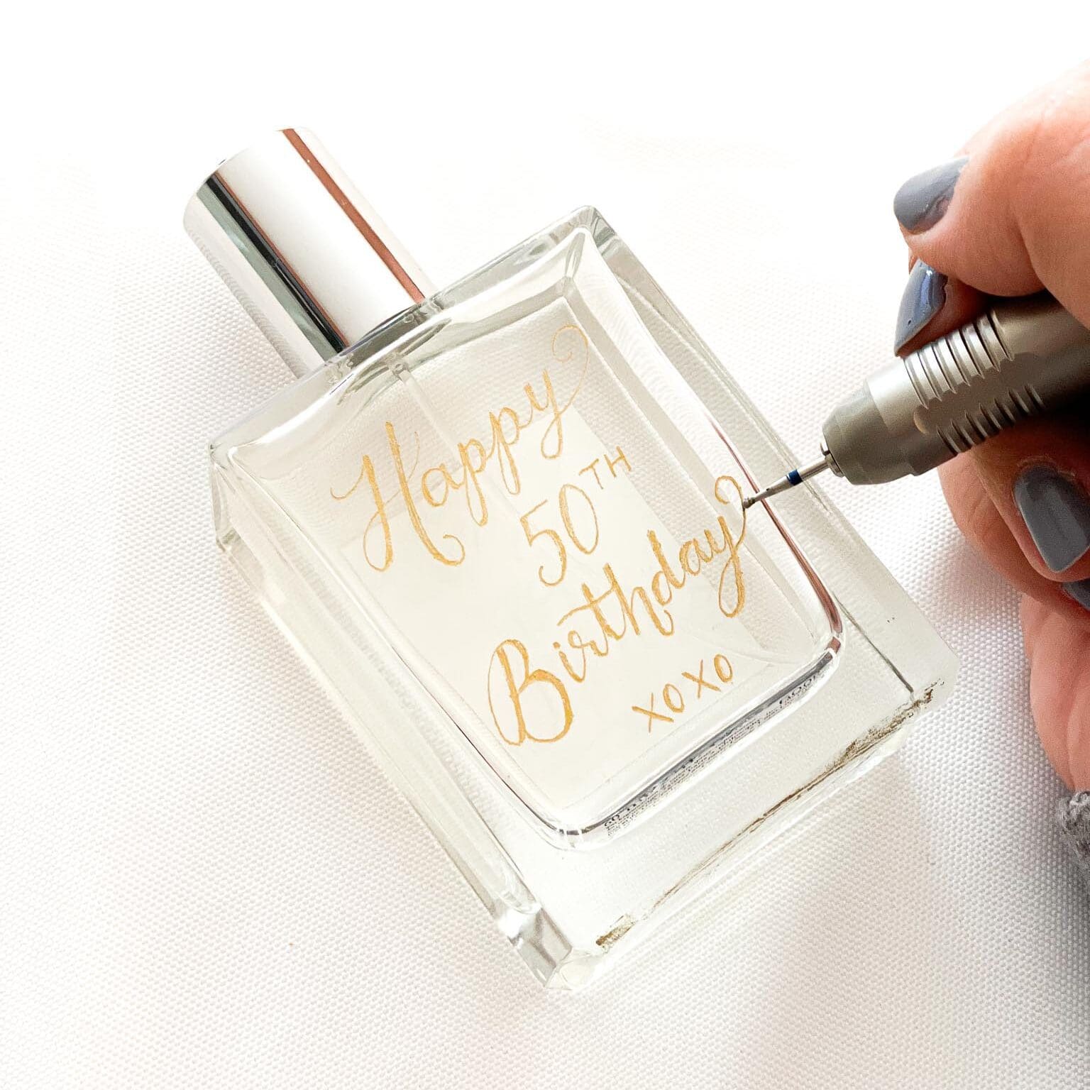 Calligraphy Engraving Perfume Bottle that says Happy 50th Birthday